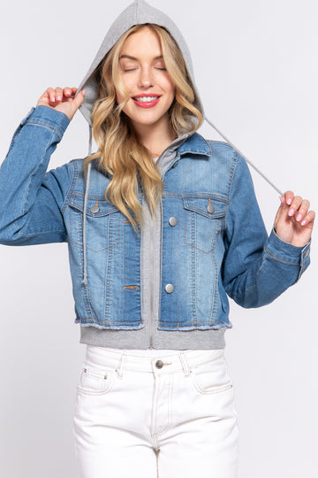 Women's Long Sleeve Contrast Terry Hoodie Denim Jacket with Stretch Fabric